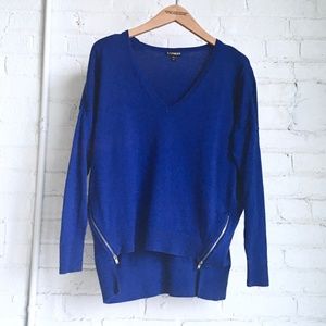 Express Blue Side Zip V-Neck Sweater Hi Lo Hem